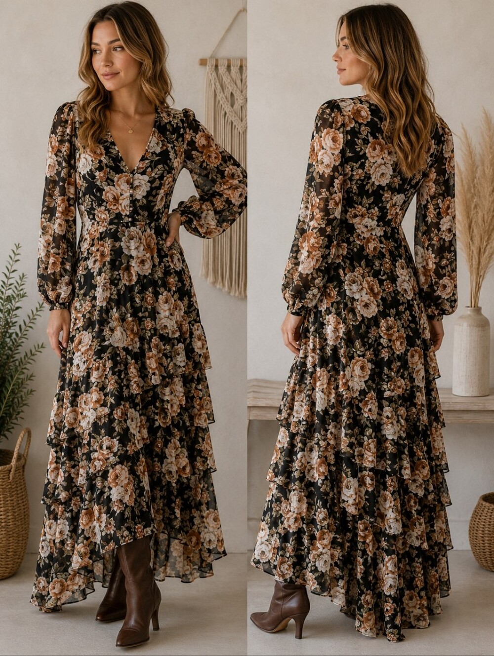 Floral Tiered Maxi Dress - By En Saison . Black Floral